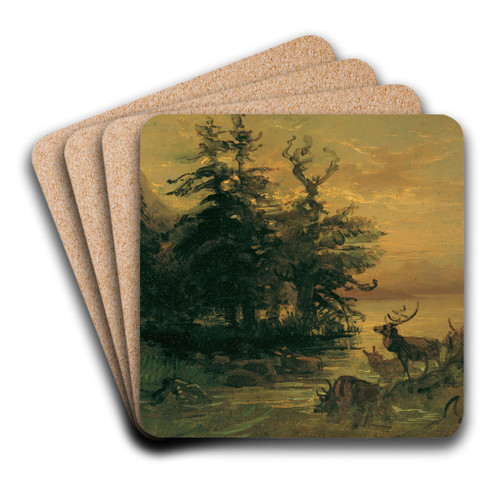 Suhlende Hirsche am Ufer eines Bergsees by Friedrich August Matthias Gauermann Art Drink Coaster set