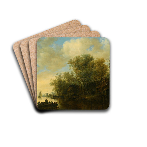 A River Landscape With A Fully-Laden Ferry Boat Approaching A Busy River Bank by Jan van Goyen Drink Coasters - set of 4