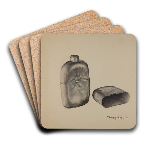 Pewter Flask by Charles Johnson Art Drink Coaster set Pewter Flask by Charles Johnson Art Drink Coaster set