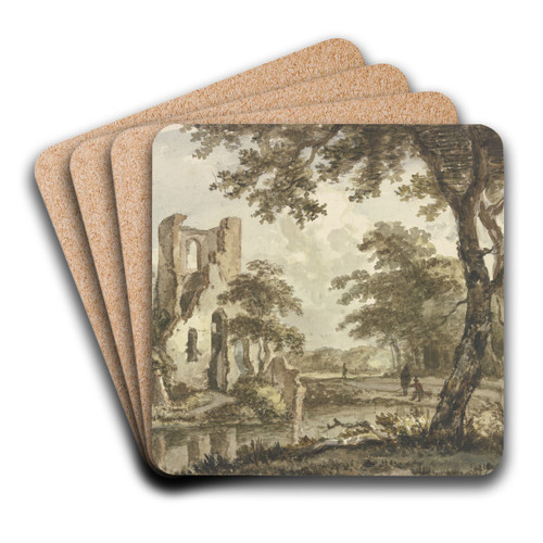 Links am Wasser eine Ruine, rechts ein Angler und zwei weitere Figuren by Jan Hulswit Art Drink Coaster set