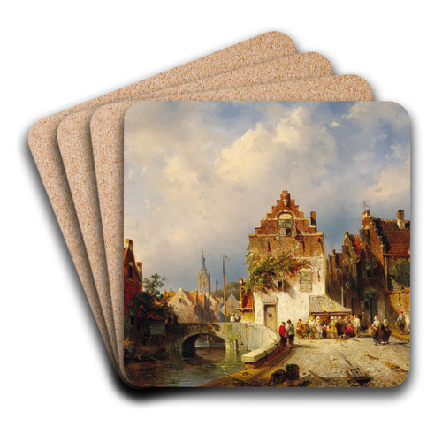 A Village Scene with a Bridge by Charles Leickert Art Drink Coaster set