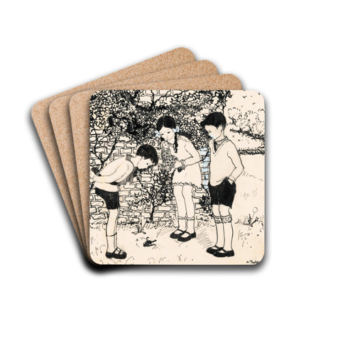 Drie kinderen kijken naar een gevallen vogel by A. Tinbergen Drink Coasters - set of 4 Drie kinderen kijken naar een gevallen vogel by A. Tinbergen Drink Coasters - set of 4