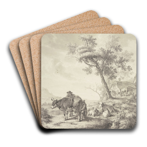 Ein Mann melkt eine Kuh, dabei einige Schafe, rechts zwei Pferde bei Husern by Bernhard Hendrik Thier Art Drink Coaster set