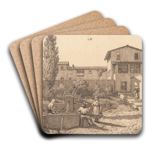 Parti af en italiensk landsby Illustration til Linearperspectiven , Tavle VI by Christoffer Wilhelm Eckersberg Art Drink Coaster set