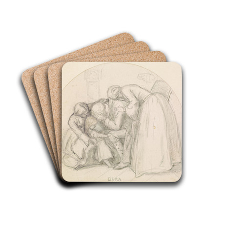 Tennyson's Dora - Study of Mary, Child and Dora comforting their Father by Sir John Everett Millais Drink Coasters - set of 4 Tennyson's Dora - Study of Mary, Child and Dora comforting their Father by Sir John Everett Millais Drink Coasters - set of 4