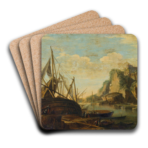 A Mediterranean coastal landscape with a ship by Salvator Rosa Art Drink Coaster set