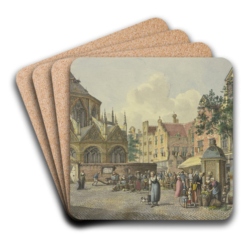 Links der Chor einer Kirche, rechts ein Brunnenhaus, mit Gemseverkuferinnen by Johannes Huibert Prins Art Drink Coaster set