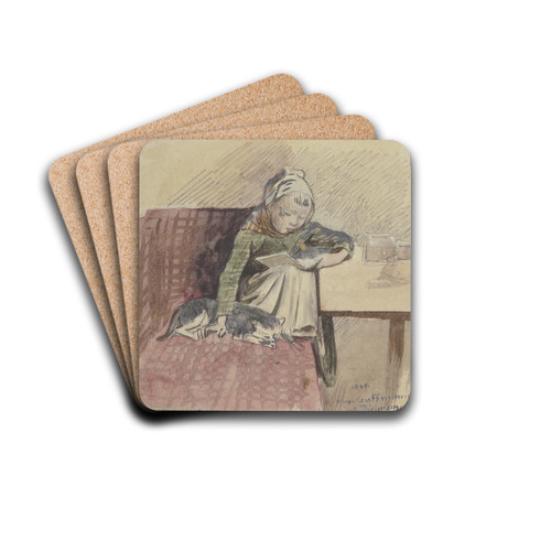 Lesendes Kind mit Katze auf der Bank by Hugo Kauffmann Drink Coasters - set of 4