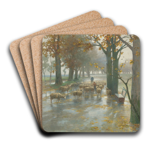 Flock Of Sheep With Shepherdess On A Rainy Day by Adolf Kaufmann Art Drink Coaster set