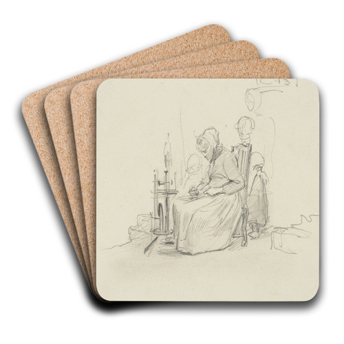 Eine alte Frau am Spinnrad im Profil nach links, hinter ihr ein Kind by Jakob Frchtegott Dielmann Art Drink Coaster set Eine alte Frau am Spinnrad im Profil nach links, hinter ihr ein Kind by Jakob Frchtegott Dielmann Art Drink Coaster set