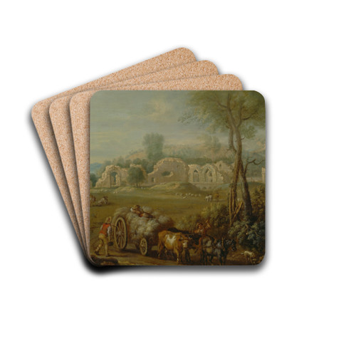 Haycart Passing a Ruined Abbey by John Wootton Drink Coasters - set of 4 Haycart Passing a Ruined Abbey by John Wootton Drink Coasters - set of 4