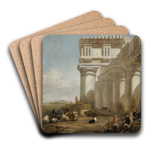 A Roman Temple With Cattle Herders by Jan Baptist Weenix Art Drink Coaster set A Roman Temple With Cattle Herders by Jan Baptist Weenix Art Drink Coaster set