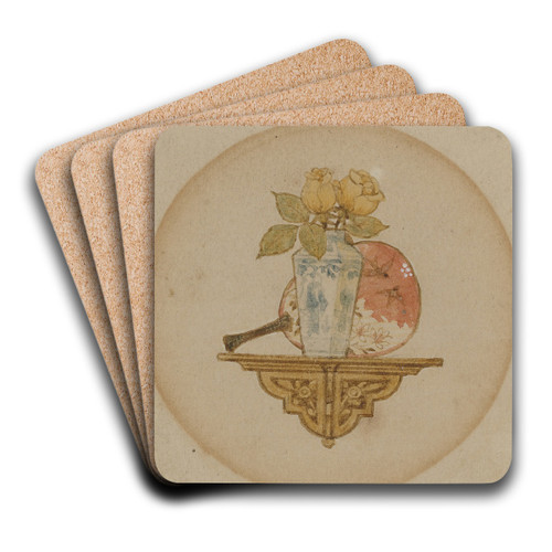 Vignette of fan and vase on a shelf by John George Sowerby Art Drink Coaster set Vignette of fan and vase on a shelf by John George Sowerby Art Drink Coaster set