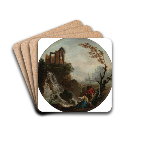 A couple fishing at the base of a waterfall, with ruins above by Charles-Franois Grenier De Lacroix Drink Coasters - set of 4 A couple fishing at the base of a waterfall, with ruins above by Charles-Franois Grenier De Lacroix Drink Coasters - set of 4