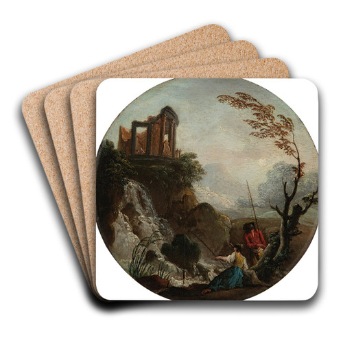 A couple fishing at the base of a waterfall, with ruins above by Charles-Franois Grenier De Lacroix Art Drink Coaster set A couple fishing at the base of a waterfall, with ruins above by Charles-Franois Grenier De Lacroix Art Drink Coaster set