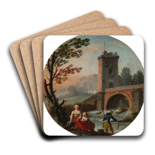 A fisherman and family beneath a bridge by Charles-Franois Grenier De Lacroix Art Drink Coaster set A fisherman and family beneath a bridge by Charles-Franois Grenier De Lacroix Art Drink Coaster set