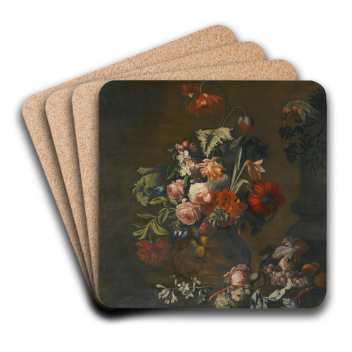 Still Life Of Roses, Variegated Tulips, Peonies And Other Flowers In A Sculpted Vase, Together With Grapes And A Macaw by Simon Verelst Art Drink Coaster set