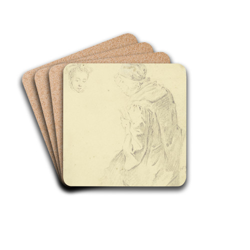 Sitzende Frau mit Haube, nach links gewandt, dreiviertel vom Rcken gesehen, mit Spielkarten in der Hand, links oben ein Mdchenkopf by Daniel Nikolaus Chodowiecki Drink Coasters - set of 4