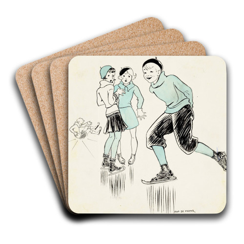 Jongen schaatsend langs twee meisjes by Miep de Feijter Art Drink Coaster set Jongen schaatsend langs twee meisjes by Miep de Feijter Art Drink Coaster set