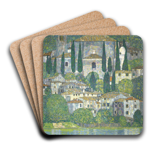 Church In Cassone - Landscape With Cypresses by Gustav Klimt Art Drink Coaster set Church In Cassone - Landscape With Cypresses by Gustav Klimt Art Drink Coaster set
