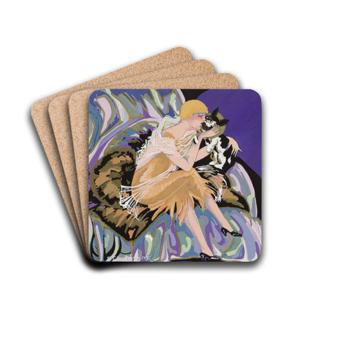 Zittende vrouw met een kat by S. Chompr Drink Coasters - set of 4 Zittende vrouw met een kat by S. Chompr Drink Coasters - set of 4