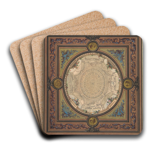 Design for the decoration of a ceiling with a trompe l'oeil painting of a coffered dome by Jules-Edmond-Charles Lachaise Art Drink Coaster set