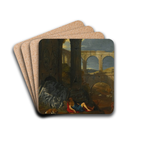 An Architectural Capriccio With Ancient Ruins, A Triumphal Arch And A Haut-Relief Sculpture, With The Story Of Mercury And Argus by Jean Lemaire Drink Coasters - set of 4