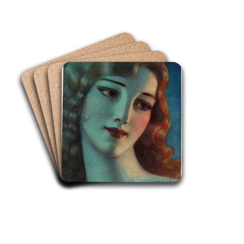 Head of girl with long blonde hair by Wladyslaw Theodore Benda Drink Coasters - set of 4