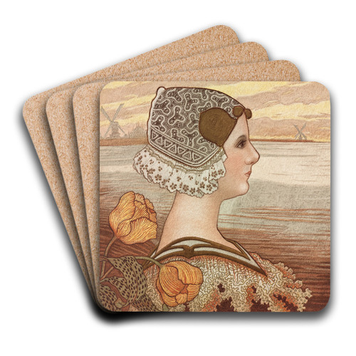 Dutch Lady with Tulips by Paul Berthon Art Drink Coaster set