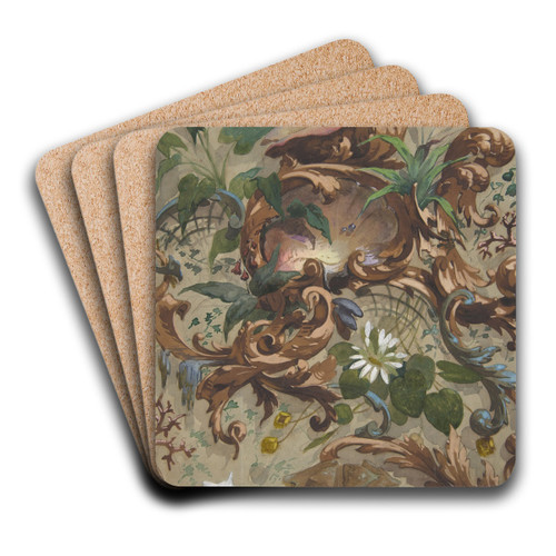 Design for wallpaper featuring shells, waterlilies, and cattails by Jules-Edmond-Charles Lachaise Art Drink Coaster set