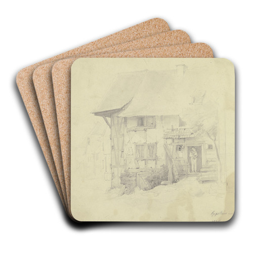 Bauernhaus in Eppstein, unter der Haustr steht ein Mann mit einem Kind auf dem Arm by Jakob Frchtegott Dielmann Art Drink Coaster set