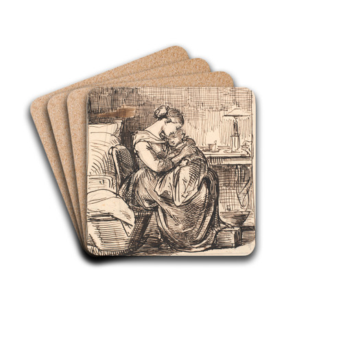 Moder med sovende barn p skdet i sovekammer by Wilhelm Marstrand Drink Coasters - set of 4