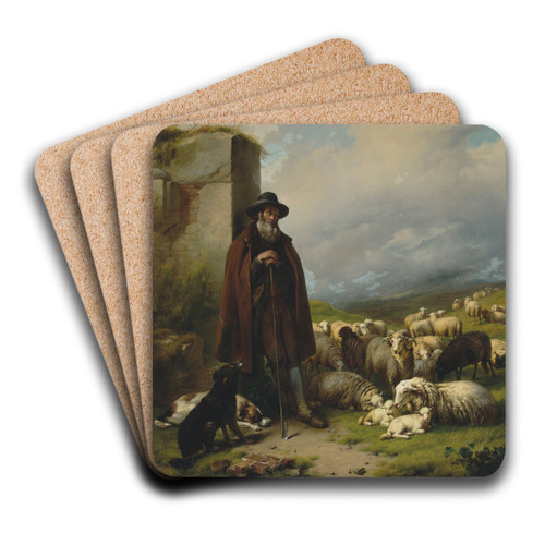 Scottish shepherd with his flock by Eugne Joseph Verboeckhoven Art Drink Coaster set