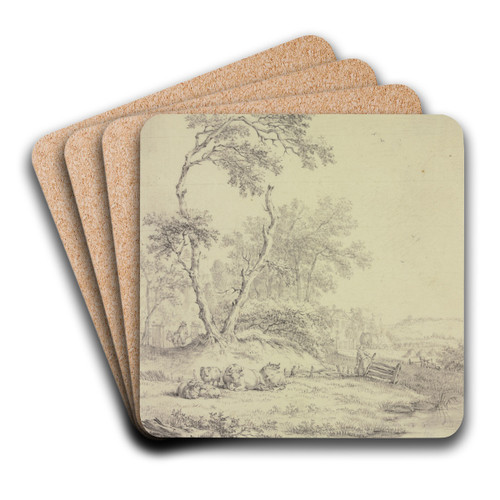Bei einer Baumgruppe an einem Zaun liegendes Vieh, rechts eine Frau mit einem Eimer by Jacob Cats Art Drink Coaster set Bei einer Baumgruppe an einem Zaun liegendes Vieh, rechts eine Frau mit einem Eimer by Jacob Cats Art Drink Coaster set