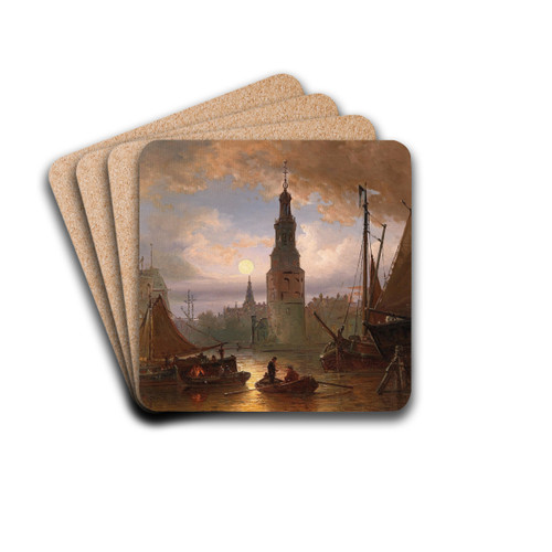 A view of Amsterdam in the moonlight by Elias Pieter van Bommel Drink Coasters - set of 4