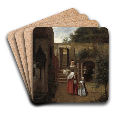 Woman and Child in a Courtyard by Pieter De Hooch Art Drink Coaster set
