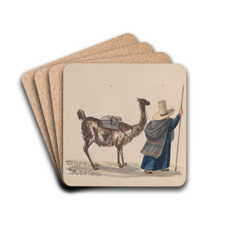 A woman walking with a Llama by Francisco Fierro Drink Coasters - set of 4