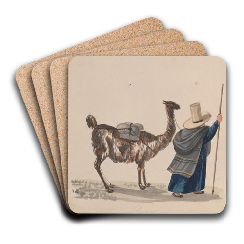 A woman walking with a Llama by Francisco Fierro Art Drink Coaster set