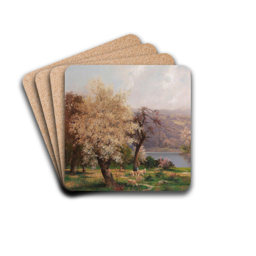 A Lake Landscape in Spring by Adolf Kaufmann Drink Coasters - set of 4