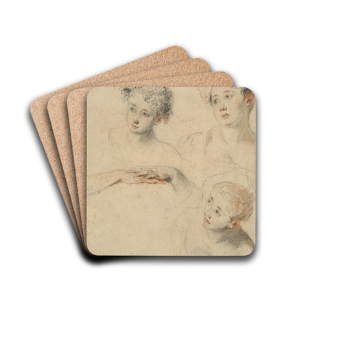 Three Studies of a Woman's Head and a Study of Hands (recto) by Jean-Antoine Watteau Drink Coasters - set of 4