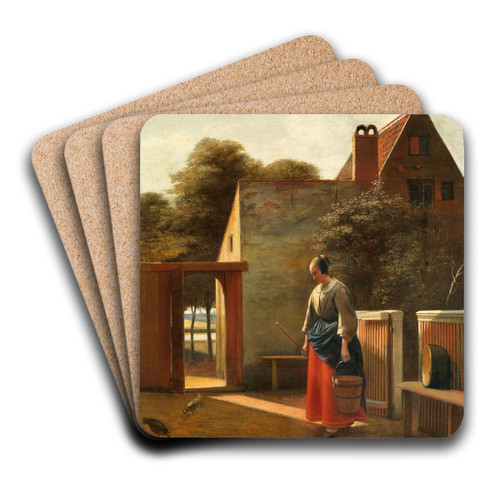 A maid with a bucket in a backyard by Pieter De Hooch Art Drink Coaster set