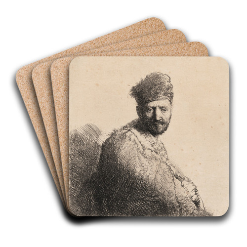 Bearded Man, in a furred Oriental Cap and Robe by Rembrandt van Rijn Art Drink Coaster set