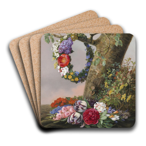 En Buket Blomster Ved Foden Af Et Tr. P En Gren Hnger En Blomsterkrans by Christine Lvmand Art Drink Coaster set