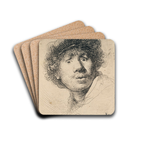 Self-Portrait in a Cap, wide-eyed and open-mouthed by Rembrandt van Rijn Art Drink Coaster set