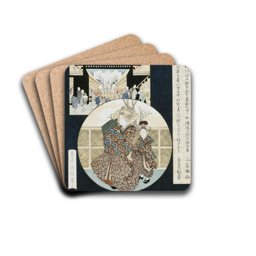 Courtesan and Attendant at the Yoshiwara District Gate by Yashima Gakutei Drink Coasters - set of 4