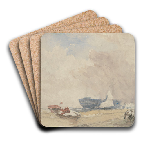 Sea Study with Hulk, Sailing Boat and Rowing Boat by David Cox Art Drink Coaster set