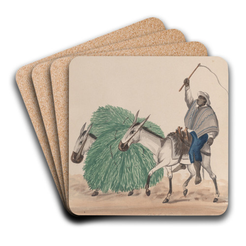 A man riding a mule, his whip raised, another mule loaded with grass alongside by Francisco Fierro Art Drink Coaster set