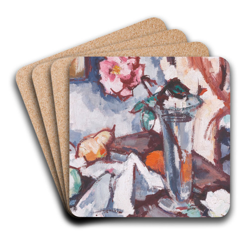 Pink Rose In Glass Vase With Fruit by Samuel John Peploe Art Drink Coaster set