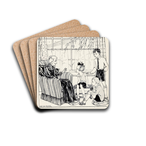 Interieur met een oude vrouw en drie kinderen by Miep de Feijter Drink Coasters - set of 4 Interieur met een oude vrouw en drie kinderen by Miep de Feijter Drink Coasters - set of 4
