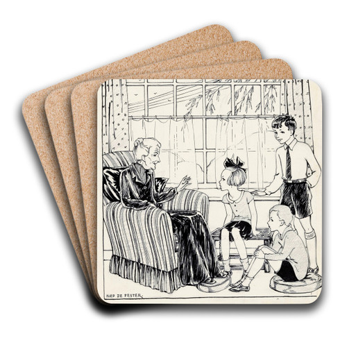 Interieur met een oude vrouw en drie kinderen by Miep de Feijter Art Drink Coaster set Interieur met een oude vrouw en drie kinderen by Miep de Feijter Art Drink Coaster set